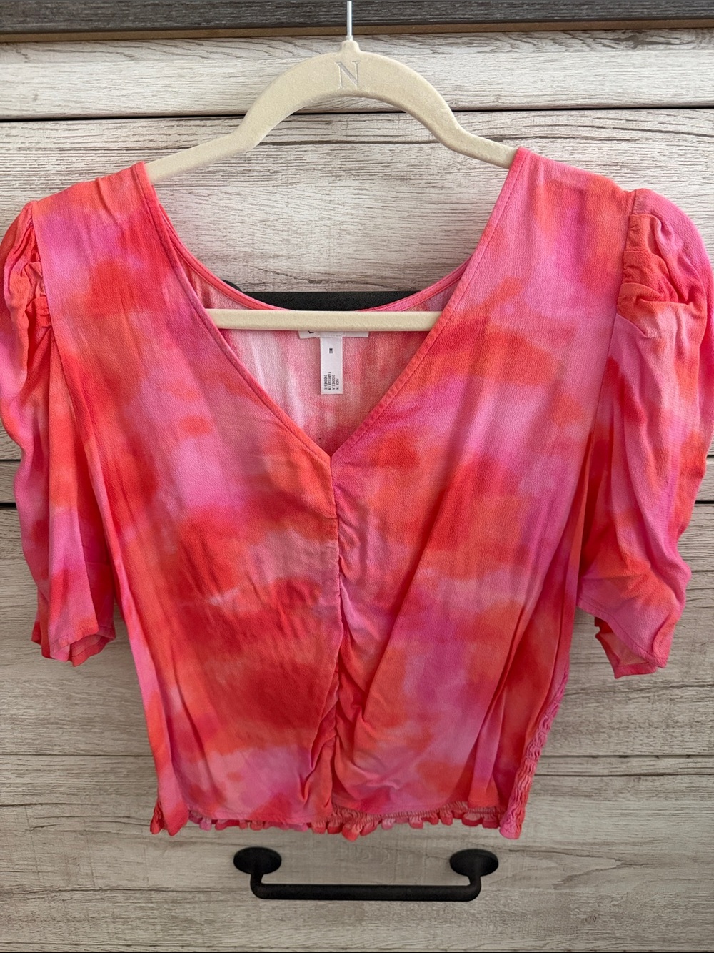Pink and Coral Tie-Dye V-Neck Ruched Short Sleeve Top